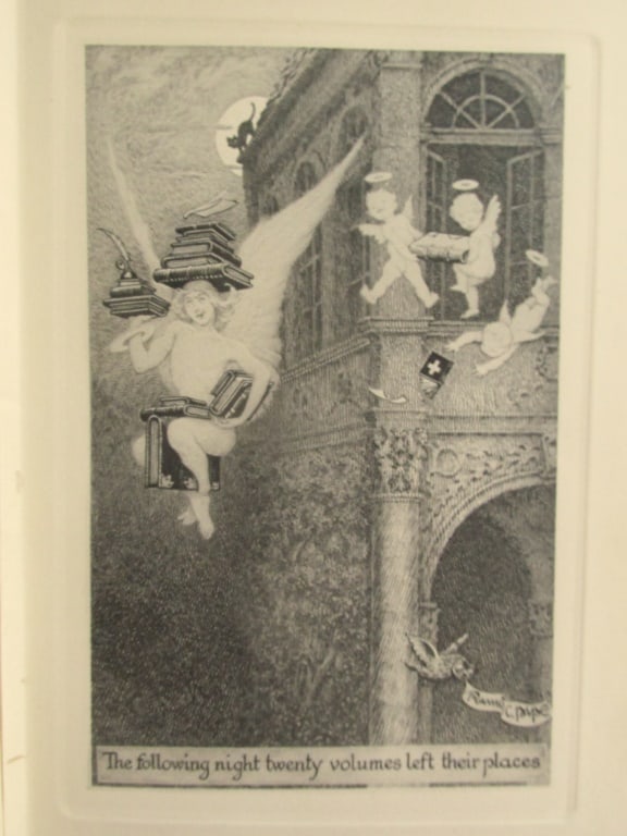 Following Night Twenty Volumes Left Their Places: The Following Night Twenty Volumes Left Their Places From Revolt of the Angels - Anatole France. Artist: Frank Cheyne Pap? 1878 - 1972 Print Type: Half-tone wi