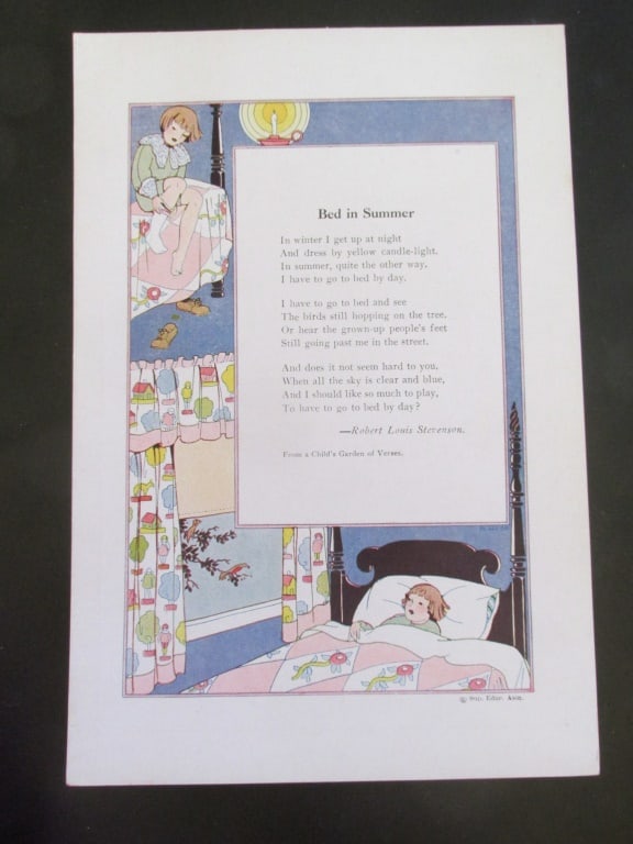 Bed In Summer (Robert Louis Stevenson): Bed in Summer (Robert Louis Stevenson) Original teaching card. Text on verso with information. Dated: c 1930 - 1940's Publisher: Superior Eduction Assoc. Condition Report Very Good Plus Subject