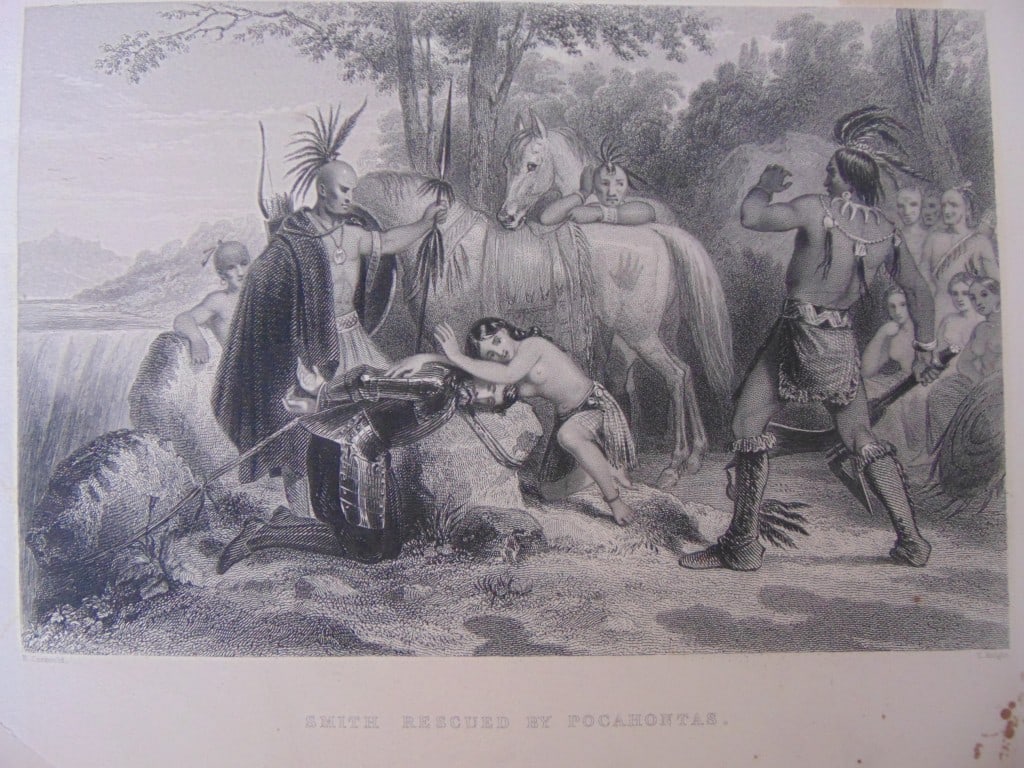 Smith Rescued by Pocahontas: Smith Rescued by Pocahontas Print is neatly tipped in with unattached toned mat. Print Type: Engraving Date: 1850 Dimensions: 12.5 x 10.5" Provenance: Hill House Print