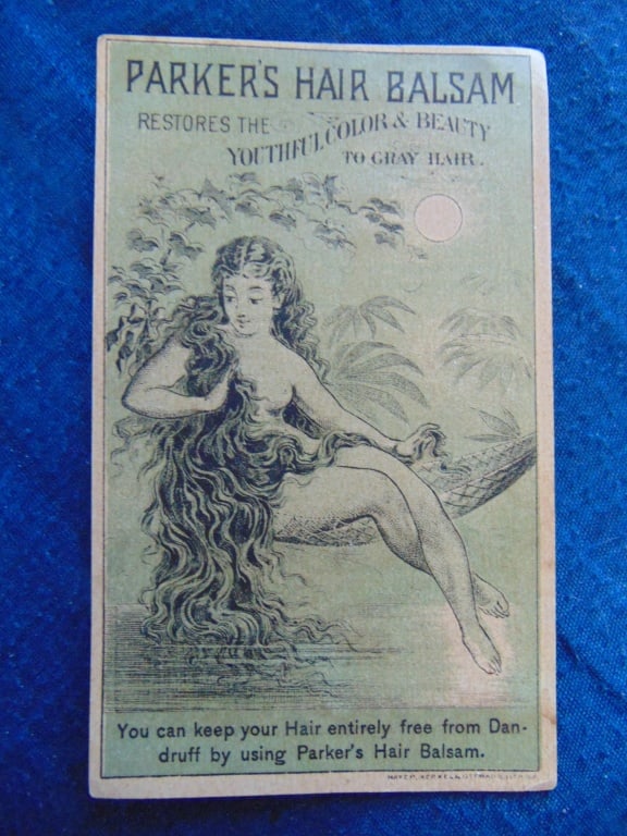 Long Hair Naked Woman - Parker's Hair Balsam: Long Hair Naked Woman - Parker's Hair Balsam Cures Dandruff. Hiscox & Company, New York Type: Victorian Trade Cards Advertiser: Willimantic Product: Patent Quack Medicines Dat