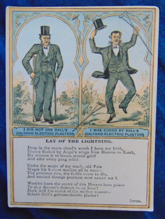 R P Hall's Galvano Electric Plasters: R P Hall's Galvano Electric Plasters Cures Rheumatism. Patented April 11th 1876. Bell Mann & Co., 163 Wabash Ave Chicago & 842 Broadway, New York, NY Type: Victorian Trade Cards Advertiser: