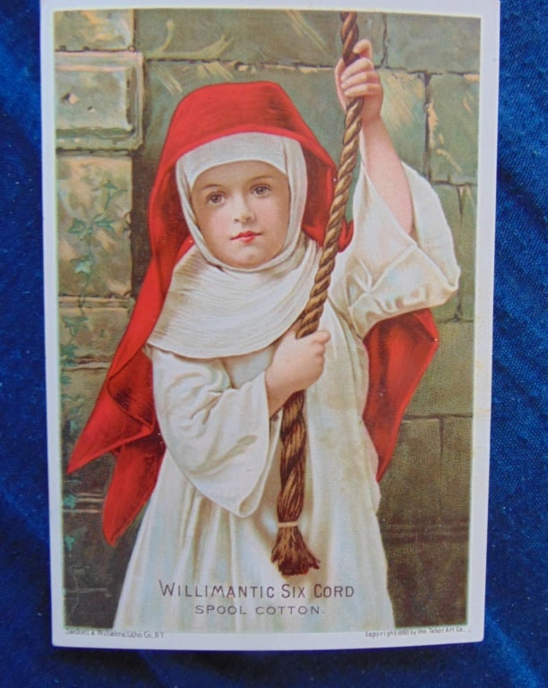 Willimantic Six Cord Spool Cotton: Willimantic Six Cord Spool Cotton Showing The Young Lady Ringing the Vesper Bell Whose Picture Appears Upon the Face of This Card Recommends the Use of The Celebrated Willimantic Six Cord Spool Cotton