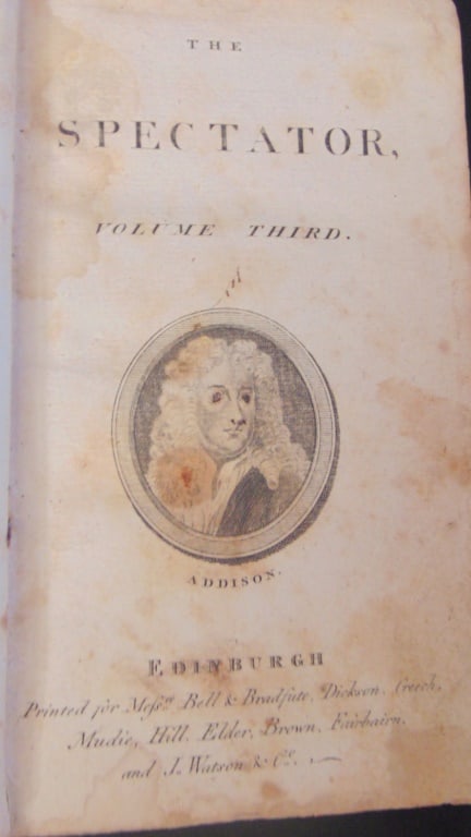 Addison - The Spectator 1711 1st Edition: The Spectator Volume 3. #170 September 14 to #251 December 1711. Published by Bell, Bradshute, Dickson, Greech, Mudie, Hill, Elder, Brown, Fairbarin and J. Watson & Co. - With Index. Author: Joseph