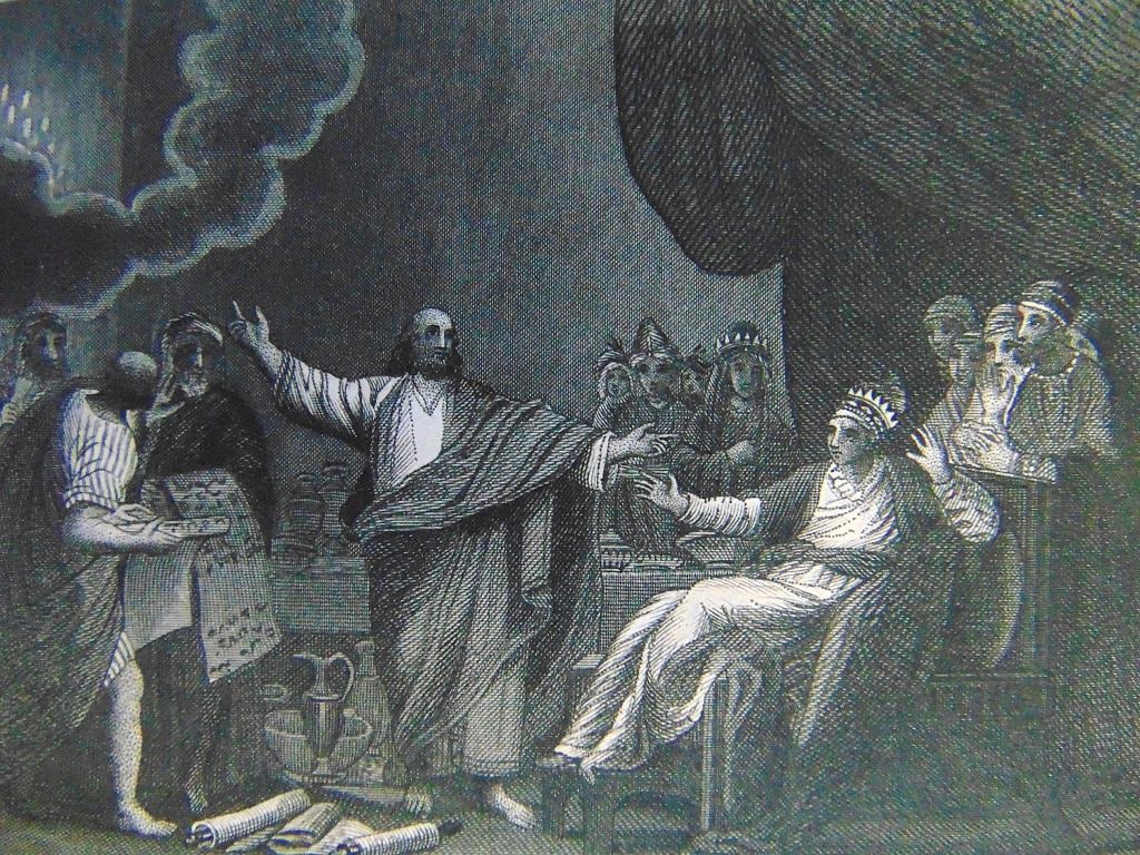 Daniel Interpreting the Writing On the Wall: b>Daniel Interpreting the Writing On the Wall Daniel stands in the center, his arms outstretched and pointing to the inscribed characters which appear within a plume of smoke in the upper right corner