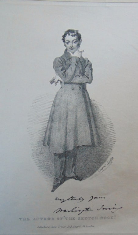 Portrait of Washington Irving: Portrait of Washington Irving The print features a full-body portrait of Irving. He is wearing a double-breasted frock coat, trousers, and shoes with buckles. He is holding unidentified objects in bot