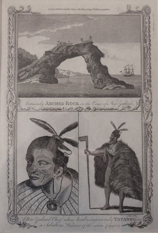 Captain Cook Expedition to New Zealand: A curiously Arched Rock on the Coast of New Zealand. - A New Zealand Chief whose head is ingeniously Tatawed, and a Subaltern Warrior of the same Country New Zealand Maoris, showing costume, weaponry,