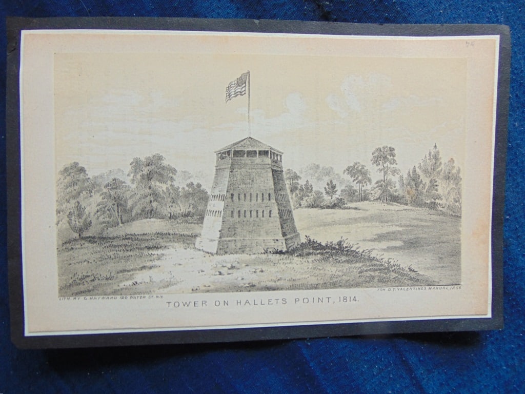 Tower On Hallet's Point 1814: Tower On Hallet's Point 18148 Attributed Valentine's Manual Print Type: Lithograph Date: 1856 Dimensions: 4 x 6" Subject: New York City Families Condition Report: Mounted on Black paper. Very Good