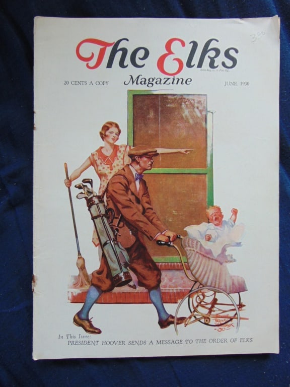 The Elks Magazine - Golfing With The Baby: The Elks Magazine - Golfing With The Baby June 1930 Edgar Franklin Wittmack was a prominent American illustrator known for his dynamic and action-packed magazine covers. Unlike contemporaries focused