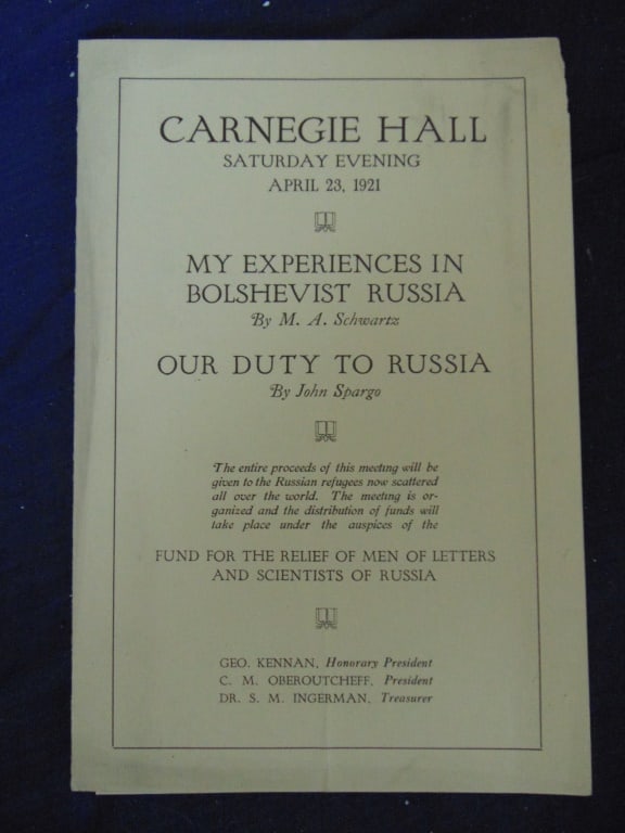 My Experiences in Bolshevist Russia: My Experiences in Bolshevist Russia by M. A. Schwartz AND Our Duty to Russia by John Spargo. Advertising Lectures brochure at Carnegie Hall, Saturday Evening April 23, 1921. Dated: 1921 Pa