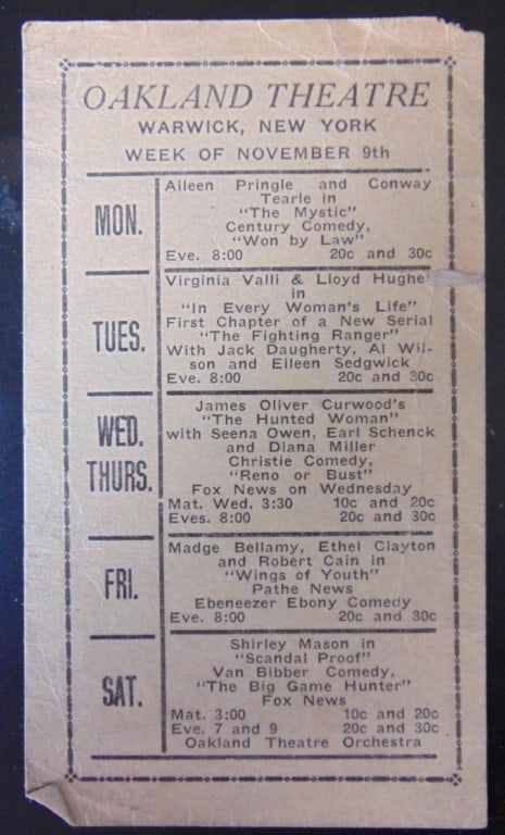 Oakland Theatre - Warwick, New York Program (1 of 2)