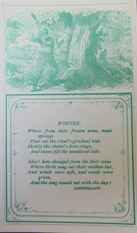 Winter - Longfellow: Winter - Longfellow Verso of card is blank. Victorian Card - Rare Dated: 19th Century Type Lithograph Size: 4 3/4 x 3 1/2" Condition Report Very Good Plus Su
