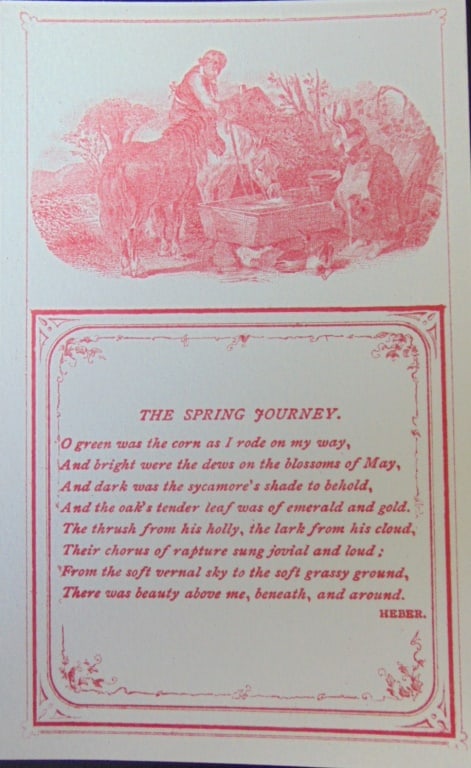 The Spring Journey - Heber: The Spring Journey - Heber Verso of card is blank. Victorian Card - Rare Dated: 19th Century Type Lithograph Size: 4 3/4 x 3 1/2" Condition Report Very Good Plus
