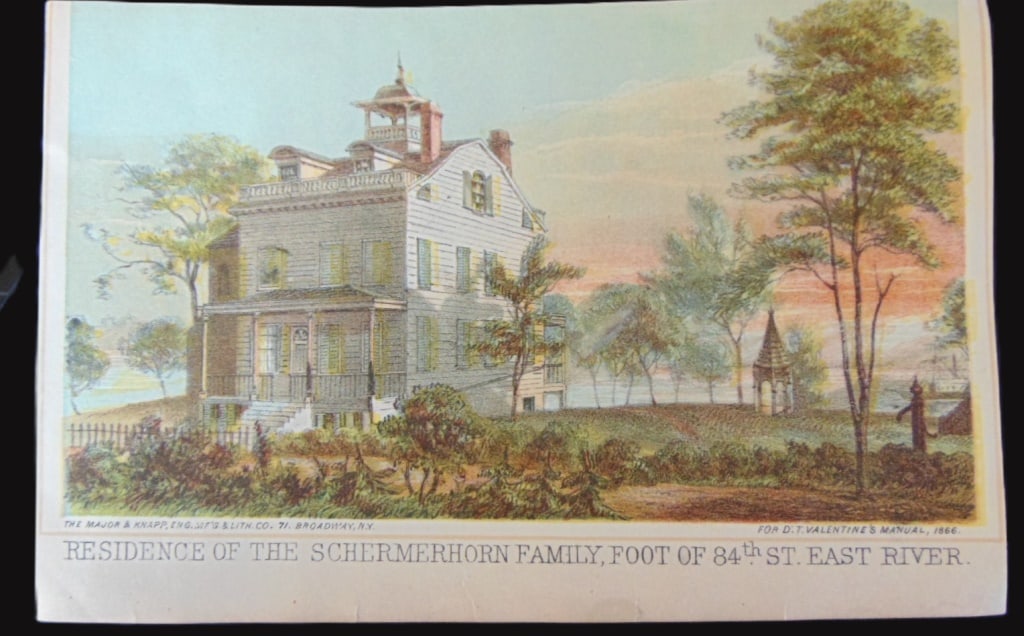 Schermerhorn Family Residence New York City: Schermerhorn Family Residence New York City Foot of 84th St. East River. Major and Knapp for Valentine's Manual Print Type: Chromolithograph Date: 1866 Dimensions: 4 x 6"