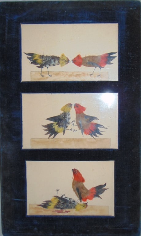 Triptych Cock Fight in Velvet Frame (1 of 2)