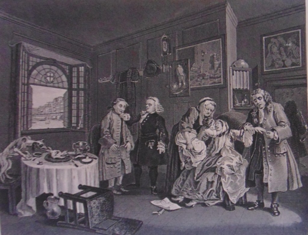 Marriage A La Mode #6 - William Hogarth: Marriage A La Mode #5 - William Hogarth Death of the Countess Artist: After Willaim Hogarth Print Type: Engraving Date: nd Dimensions: 12 x 8" Condition Report: <