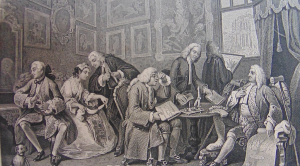 Marriage A La Mode #1 - William Hogarth: Marriage A La Mode #1 - William Hogarth The Contract Artist: After Willaim Hogarth Print Type: Engraving Date: nd Dimensions: 12 x 8" Condition Report: Very Go