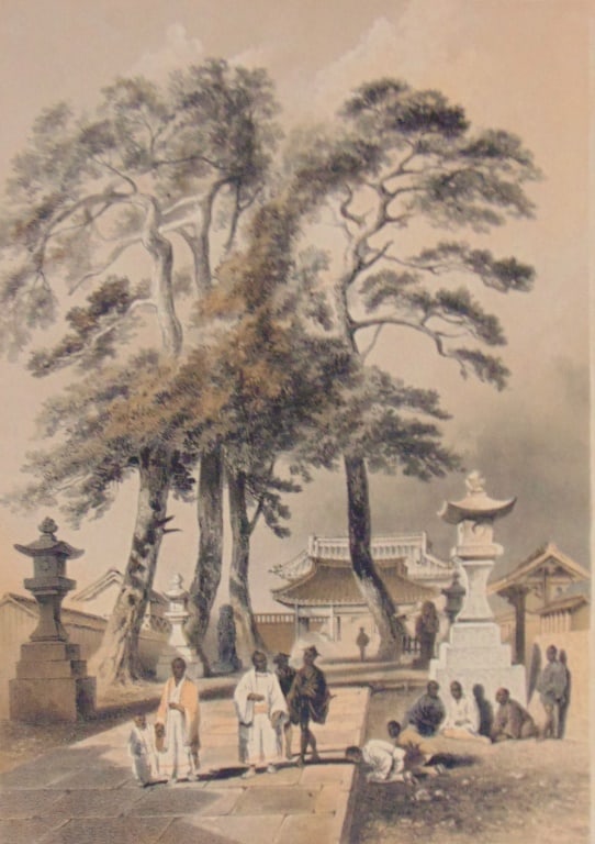 Temple of Ha-Tshu Man-Ya-Tshu-Ro at Simoda: Temple of Ha-Tshu Man-Ya-Tshu-Ro at Simoda - Plate No. 9 An important work recording Commodore Perry's expedition to Japan. This is Plate #9 from the very limited edition book by William Heine that