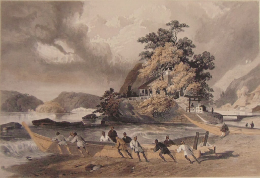 Temple of Ben-Teng in the Harbor of Simoda: Temple of Ben-Teng in the Harbor of Simoda - Plate No. 7 An important work recording Commodore Perry's expedition to Japan. This is Plate #7 from the very limited edition book by William Heine that wa