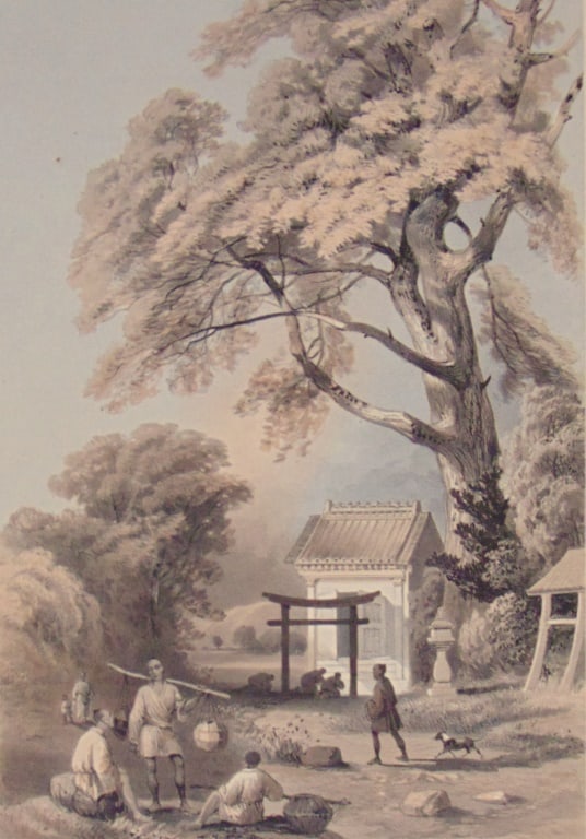 Mia or Road Side Chapel at Yokuhama - Plate No. 6: Mia or Road Side Chapel at Yokuhama [Yokohama] - Plate No. 6 An important work recording Commodore Perry's expedition to Japan. This is Plate #6 from the very limited edition book by William Heine
