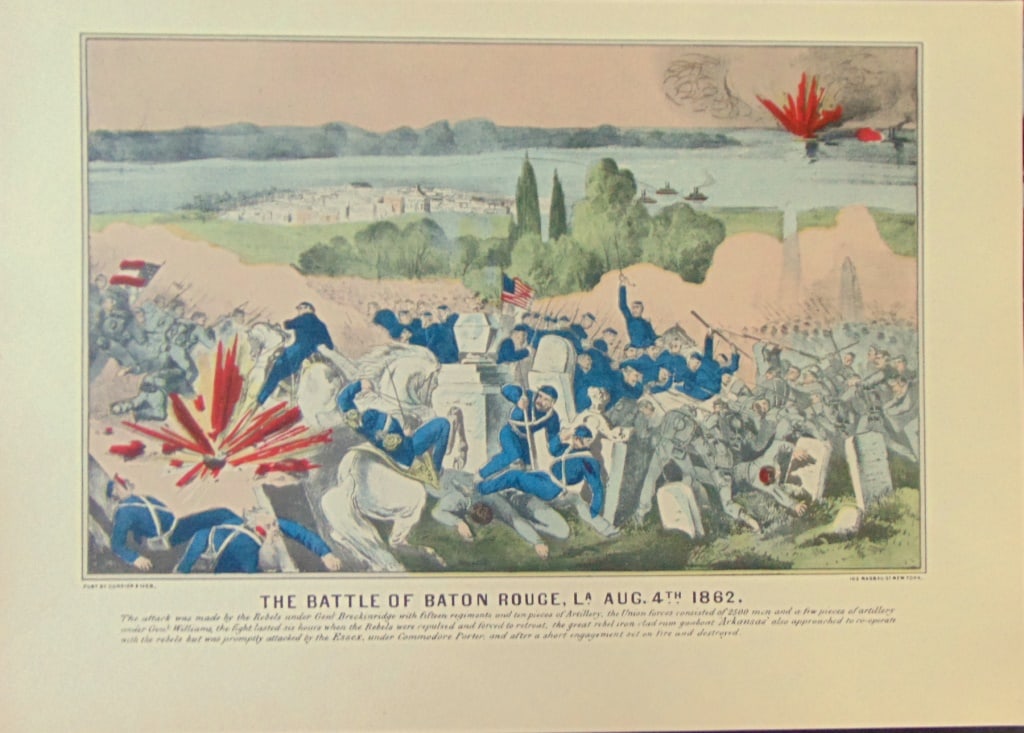 The Battle of Baton Rouge LA August 4th 1862: The Battle of Baton Rouge LA August 4th 1862 Artist: After Currier and Ives Print Type: Halftone Stencil Hand Colored Engravings Date: N.D. Dimensions: 10 3/4 x 15" Subj