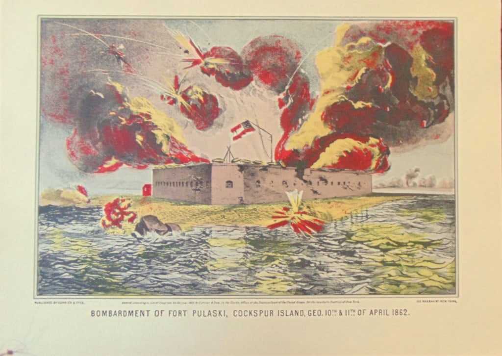 Bombardment of Fort Pulaski, Cockspur Island: Bombardment of Fort Pulaski, Cockspur Island Geo. 10th and 11th of April 1862 Artist: After Currier and Ives Print Type: Halftone Stencil Hand Colored Engravings Date: N.D. Dimensi