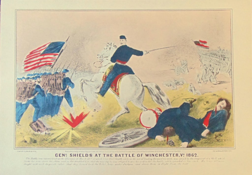 Gen Shields at the Battle of Winchester VA: Gen Shields at the Battle of Winchester VA 1862 Artist: After Currier and Ives Print Type: Halftone Stencil Hand Colored Engravings Date: N.D. Dimensions: 10 3/4 x 15" Su
