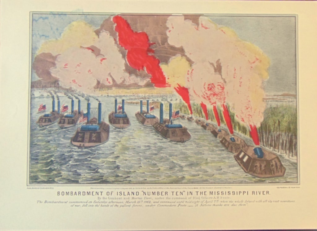 Bombardment of Island Number Ten: Bombardment of Island Number Ten in the Mississippi River By the Gunboat and Mortar Fleet under the command of Flag Officer A. H. Foote Artist: After Currier and Ives Print Type: Halftone St