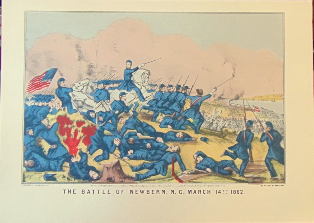 The Battle of Newbern, NC March 14th 1862: The Battle of Newbern, NC March 14th 1862 Artist: After Currier and Ives Print Type: Halftone Stencil Hand Colored Engravings Date: N.D. Dimensions: 10 3/4 x 15" Subject: