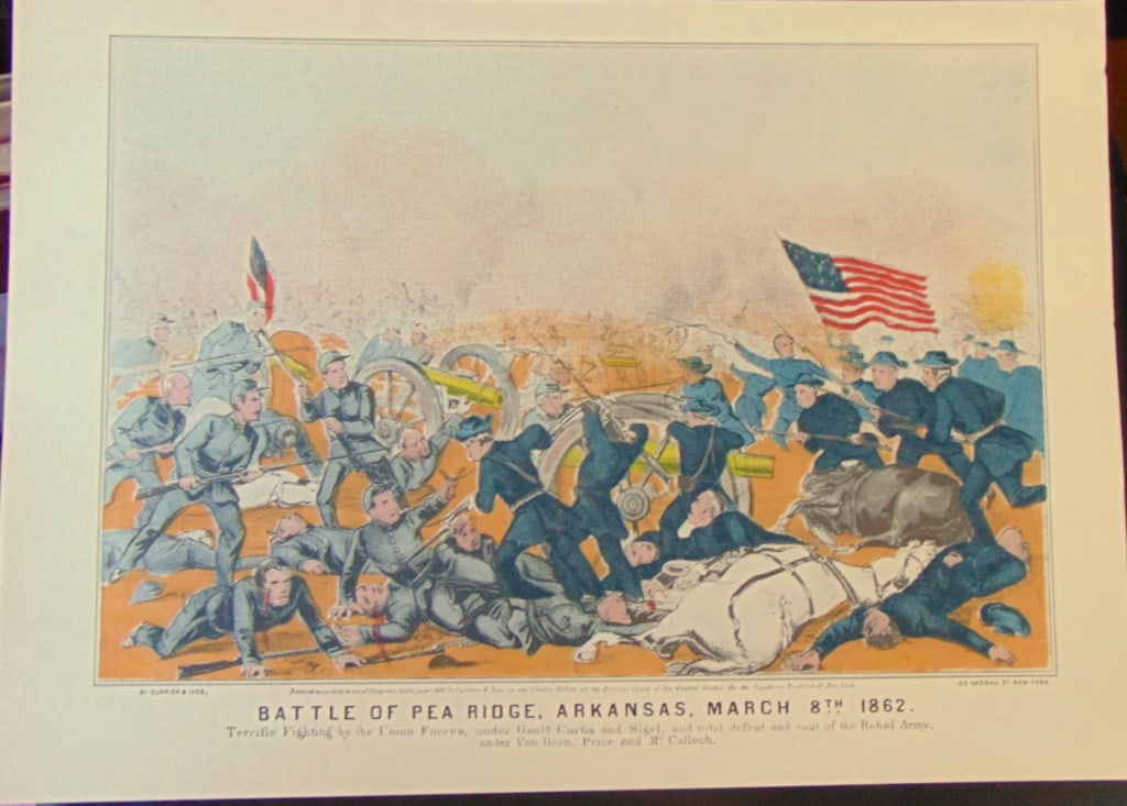 Battle of Pea Ridge, Arkansas - March 8th 1862: Battle of Pea Ridge, Arkansas - March 8th 1862 Terrific Fighting by the Union Forces, under Generals Curtis and Sigel and total defeat and rout under Van Dorn, Price and McCulloch Artist: After Currie