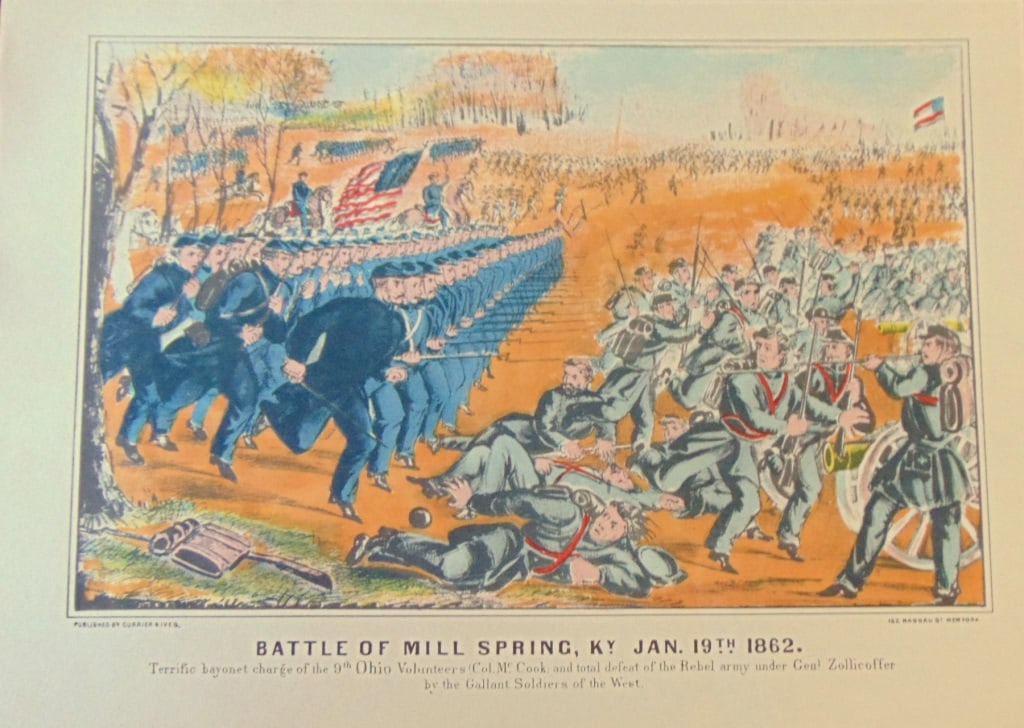 Battle of Mill Spring, KY Jan 19th, 1862 CI: Battle of Mill Spring, KY Jan 19th, 1862 Terrific bayonet charge of the 9th Ohio Vollunteers (Col. McCook and total defeat of the Rebel army under General Zollicoffer by the Gallant Soldiers of the We