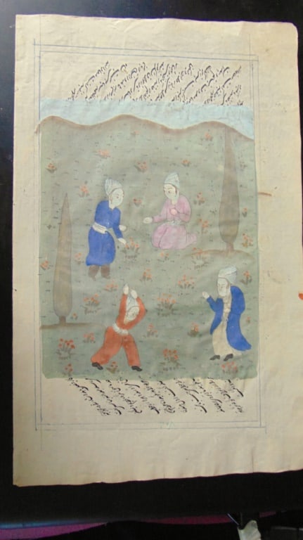 Persian Manuscript: Persian Manuscript - The Hunt On Laid Paper. Double sided with script on verso. Laid Paper Medium: Gouche & Ink Date: 18th/19th century Origin: