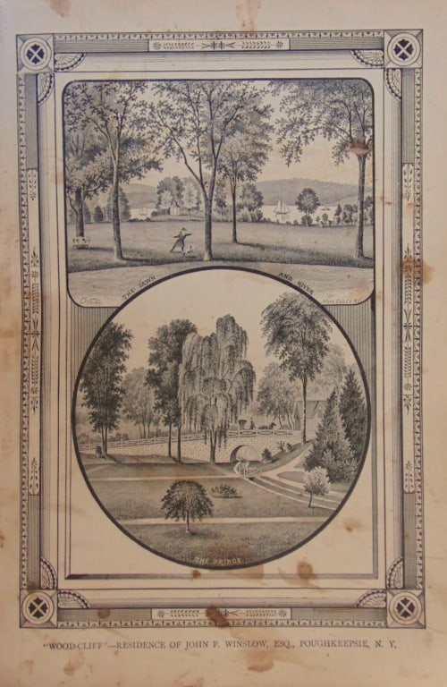 Woodcliff - Residence of John F. Winslow Esq.: Woodcliff - Residence of John F. Winslow Esq. Poughkeepsie Duchess Co NY The Bridge and Lawn. Rare. Print Type: Americana Date: Circa 1880 Dimension