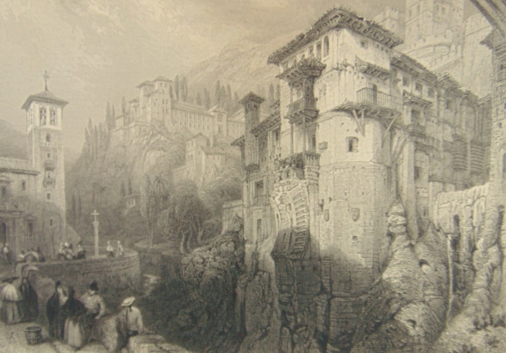 Old Bridge Across the Darro - David Roberts: Remains of the Old Bridge Across the Darro - Spain Nicely done with wonderful detail. A rare look at Spain in the first part of the 19th century.. Artist: David Roberts Date: 1834 Publisher: Lloyd