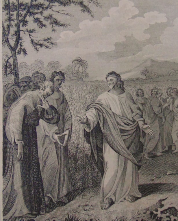 Jesus In The Corn Field Reproving the Pharisees: Jesus In The Corn Field Reproving the Pharisees Rare Artist: A. Anderson Print Type: Engraving Date: Circa 1800 Origin: United States Dimensions: 7 x 10 1/2" Provenance: Hill House Condition Report: