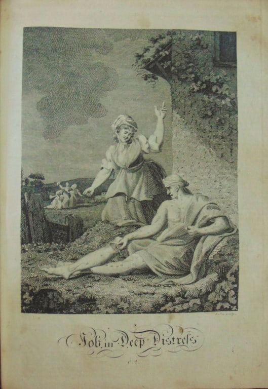 Job In Deep Distress: Job In Deep Distress Rare Artist: John Scoles Print Type: Engraving Date: Circa 1800 Origin: United States Dimensions: 7 x 10 1/2" Provenance: Hill House Condition Report: Good Subject References:
