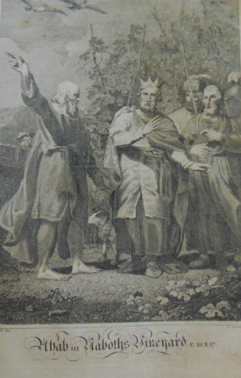 Ahab in Naboths Vineyard: Ahab in Naboth's Vineyard Rare Artist: Corbbould Sculptor/Engraver A. Anderson Print Type: Engraving Date: Circa 1800 Origin: United States Dimensions: 7 x 10 1/2" Provenance: Hill House Condition