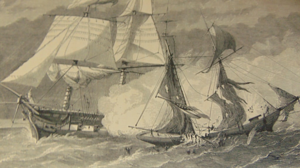 US Frigate St. Lawrence Sinking the Petrel: The US Frigate St. Lawrence Sinking the Privateer Petrel August 1, 1861 (Civil War) During The Civil War. Print Type: Engraving Date: 1864 Dimensions: 9 1/2 x 5 1/2" Condition Report: Foxing. Good