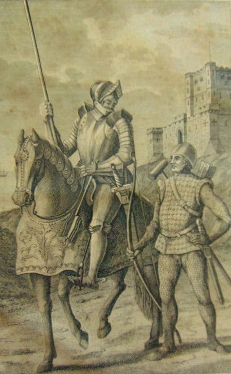A Man at Arms in Plate Armour: .A Man at Arms in Plate Armour Mounted on a Barded Horse and Archer with his Bow Arrons & Leaden Mallet. Marked Frontispiece. Wonderful impression and detail. Rare