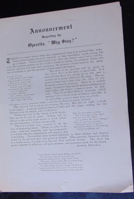Announcement Regarding Operetta Why Sing?: Announcement Regarding Operetta Why Sing? "Why Sing?" is a comedic operetta in two acts written by Arthur Anderson, with music by Albert von Tilzer. The operetta premiered on Br