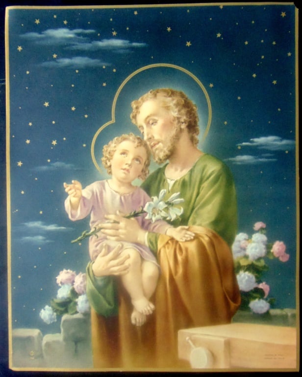 Joseph and the Christ Child: Joseph and the Christ Child Print Type: Chromolithograph Highlighted w/Gold Date: Circa 1940's Dimensions: 10 x 8" Condition Report: Very good</