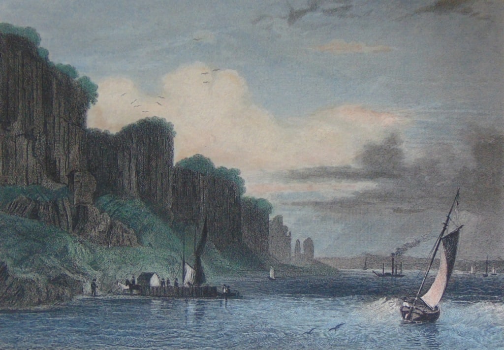 The Palisade Rocks On The Hudson West Bank: The Palisade Rocks On The Hudson West Bank New York Beautifully Hand Colored. The engraving "The Palisade Rocks on the Hudson West Bank, New York" is a beautiful example of Oakley's work. It depicts t