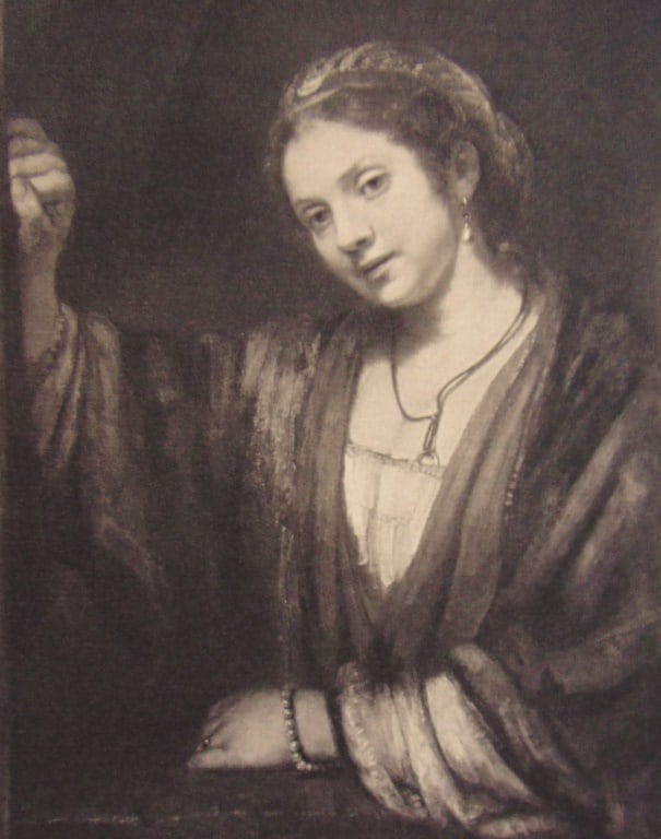 Portrait of Hendrickje Stoffes Rembrandt Van Rijn: >Portrait of Hendrickje Stoffes A fine impression of this work. With plate mark. Artist: Rembrandt Van Rijn (after) Print Type: Gravure with Plate Mark