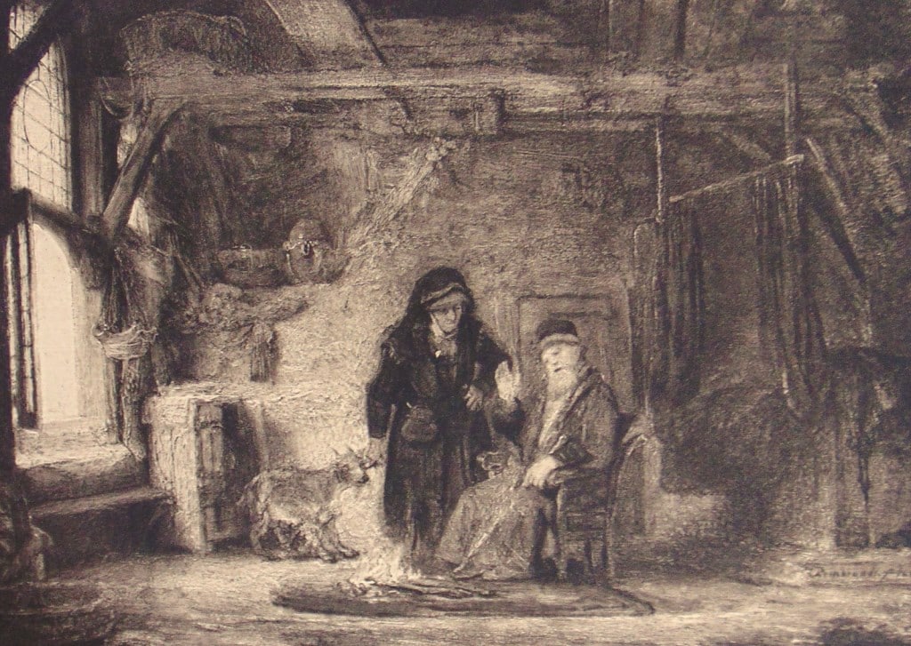 Tobit and His Wife with Goat - Rembrandt Van Rijn: Tobit and His Wife with a Goat A fine impression of this work. With plate mark. Artist: Rembrandt Van Rijn (after) Print Type: Gravure with Plate Mark<