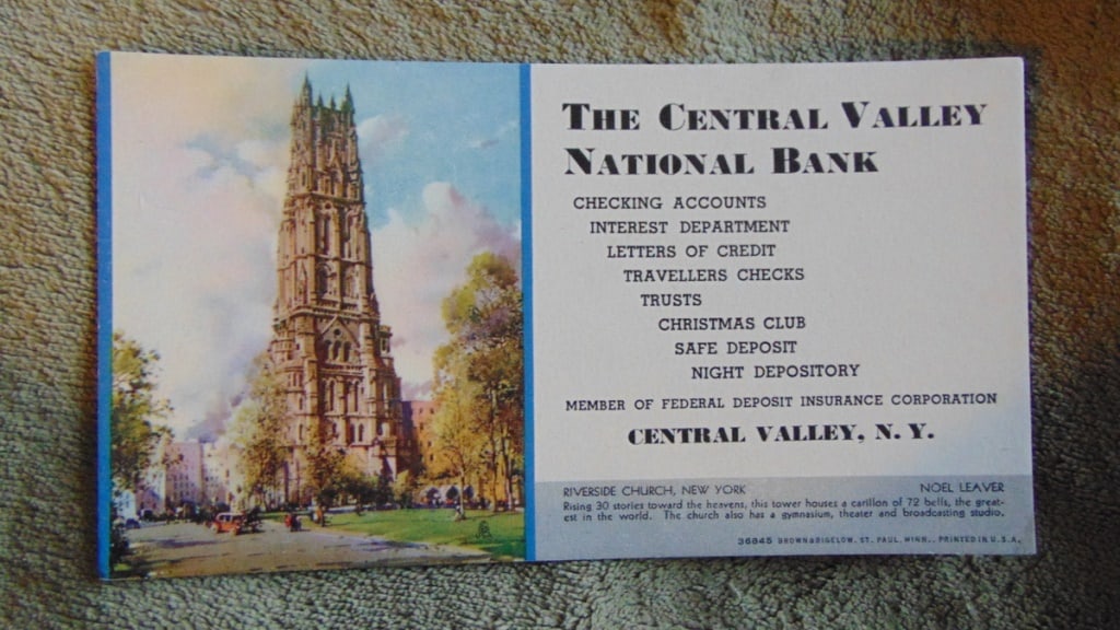 Riverside Church, New York - Noel Leaver Blotter: Rierside Church, New York NY - Noel Leaver Blotter Type: Ink Blotter Advertiser: Central Valley National Bank Product: Advertising Blotter :Maker: Brow