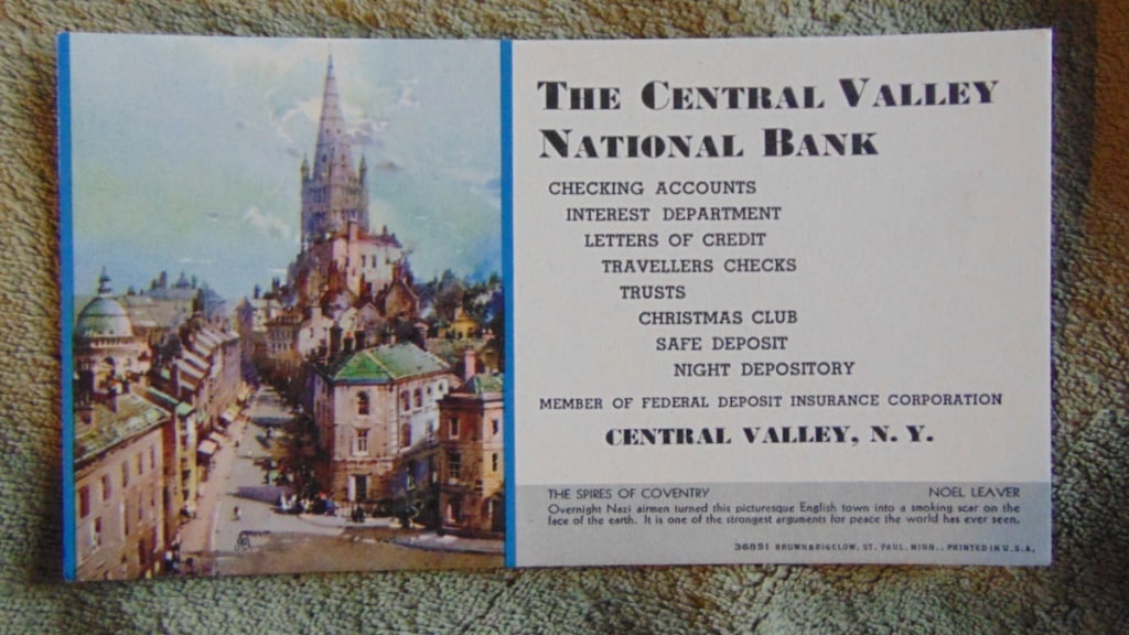The Spires of Coventry - Noel Leaver Blotter: The Spires of Coventry - Noel Leaver Blotter Type: Ink Blotter Advertiser: Central Valley National Bank Product: Advertising Blotter :Maker: Brown and