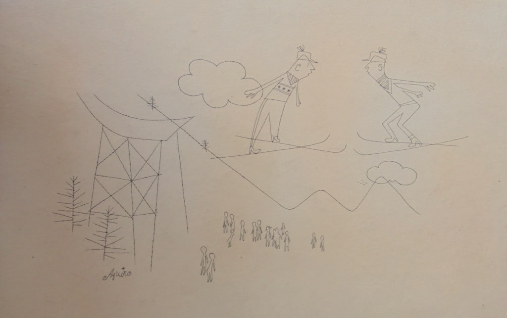 Albert Aquino (American) Two Skier's Meet: Two Skier's Meet Noted Children's book Illustrator and Humpty Dumpty Magazine. Also contributed to numerous magazines such as Field and Stream of the period and did advertiseme