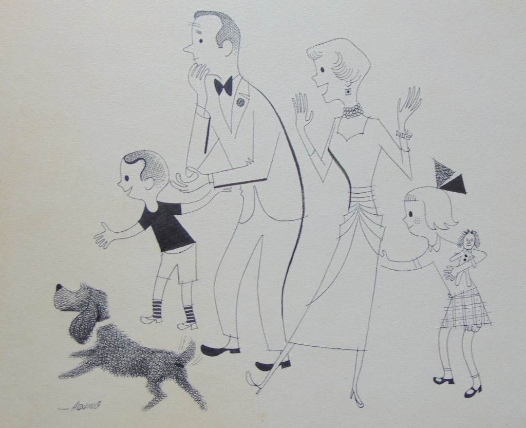 Albert Aquino (American) Happy Family and Dog: Happy Family and Dog Noted Children's book Illustrator and Humpty Dumpty Magazine. Also contributed to numerous magazines such as Field and Stream of the period and did adverti