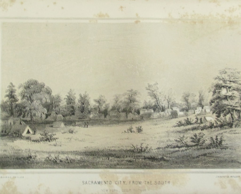 Sacramento City From the South - California: Early View of Sacramento City South A very early view of the California Sculptor/Engraver Sarony & Manor Print Type: Engraving. Date: Circa 1840's<