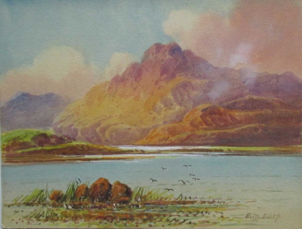 Scotland Mountain Lake - Edwin Earp (1851-1945): Scottish Mountain Lake A Scottish watercolor. Artist: Edwin Earp - 1851 - 1945 Medium: Watercolor Date: 19th/20th century Signed: E. M. Earp Origin: British Size: 9 x 7" Provenance: Estate of artist