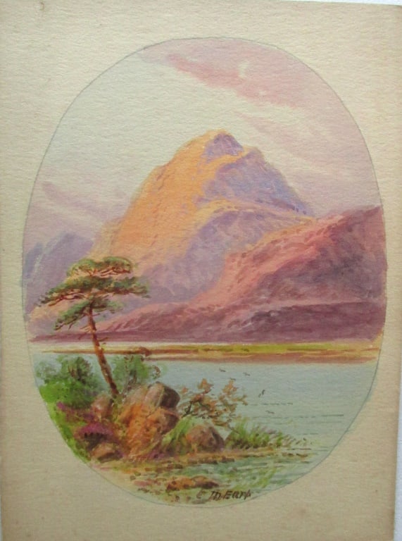 Scotland Mountain Lake - Edwin Earp (1851-1945): Scottish Mountain Lake A Scottish watercolor. Vignette Artist: Edwin Earp - 1851 - 1945 Medium: Watercolor Date: 19th/20th century Signed: E. M. Earp Origin: British Size: 8 x 11" Provenance: Estate